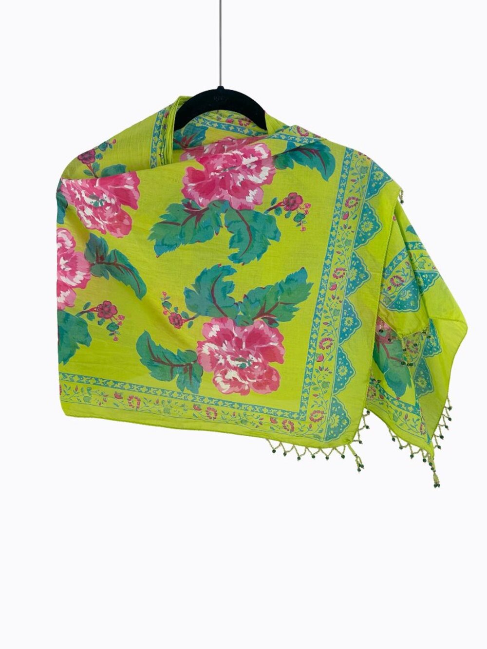 Vtg Graham Kandiah NY Floral Lime Green Pink Cotton Scarf Beaded Wrap Sarong Y2K
